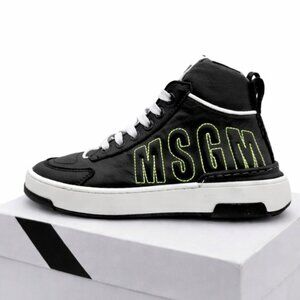 MSGM Kids $235 Kips Nero Leather Logo High-Top Sneakers Size 31 EU New